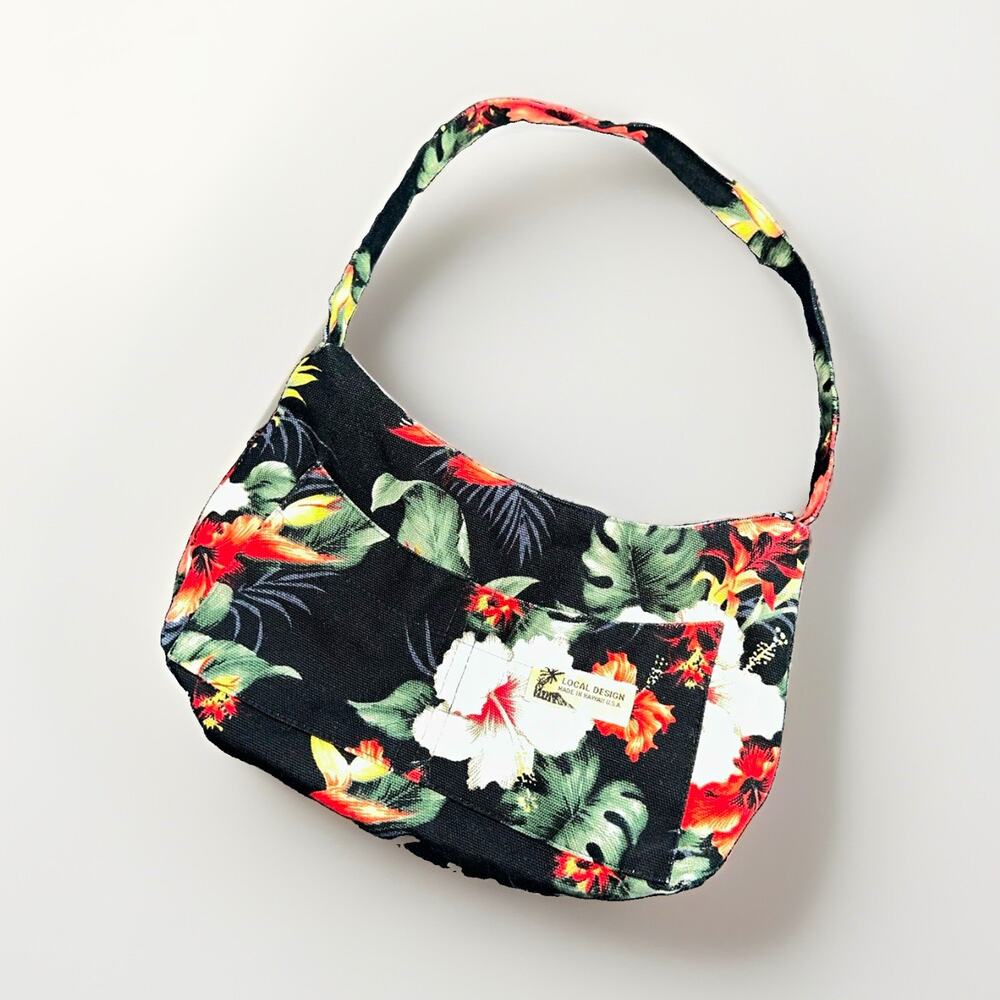 Local Design Hawaii Canvas Shoulder Bag Black Tropical Hibiscus Floral Purse USA